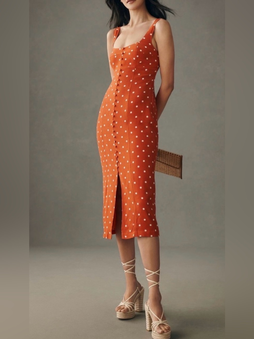Maeve Anthropologie Red Orange Polka Dot Button Front Midi Dress 10P Petite